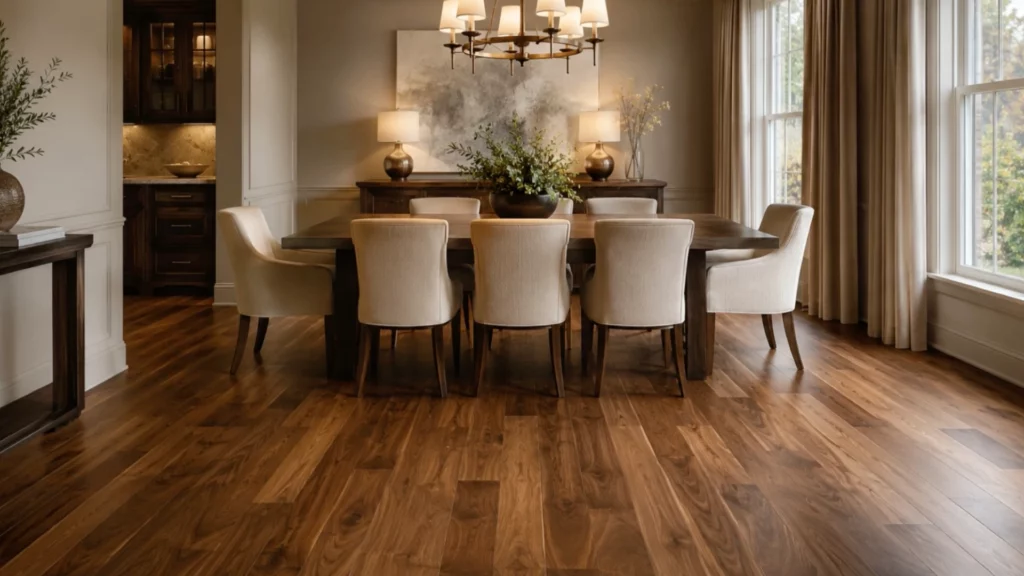 Dining room view with hardwood flooring