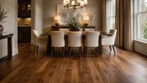 Dining room view with hardwood flooring