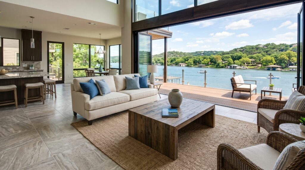 Stone-look tile flooring in a bright open-concept living room with a kitchen and lake view