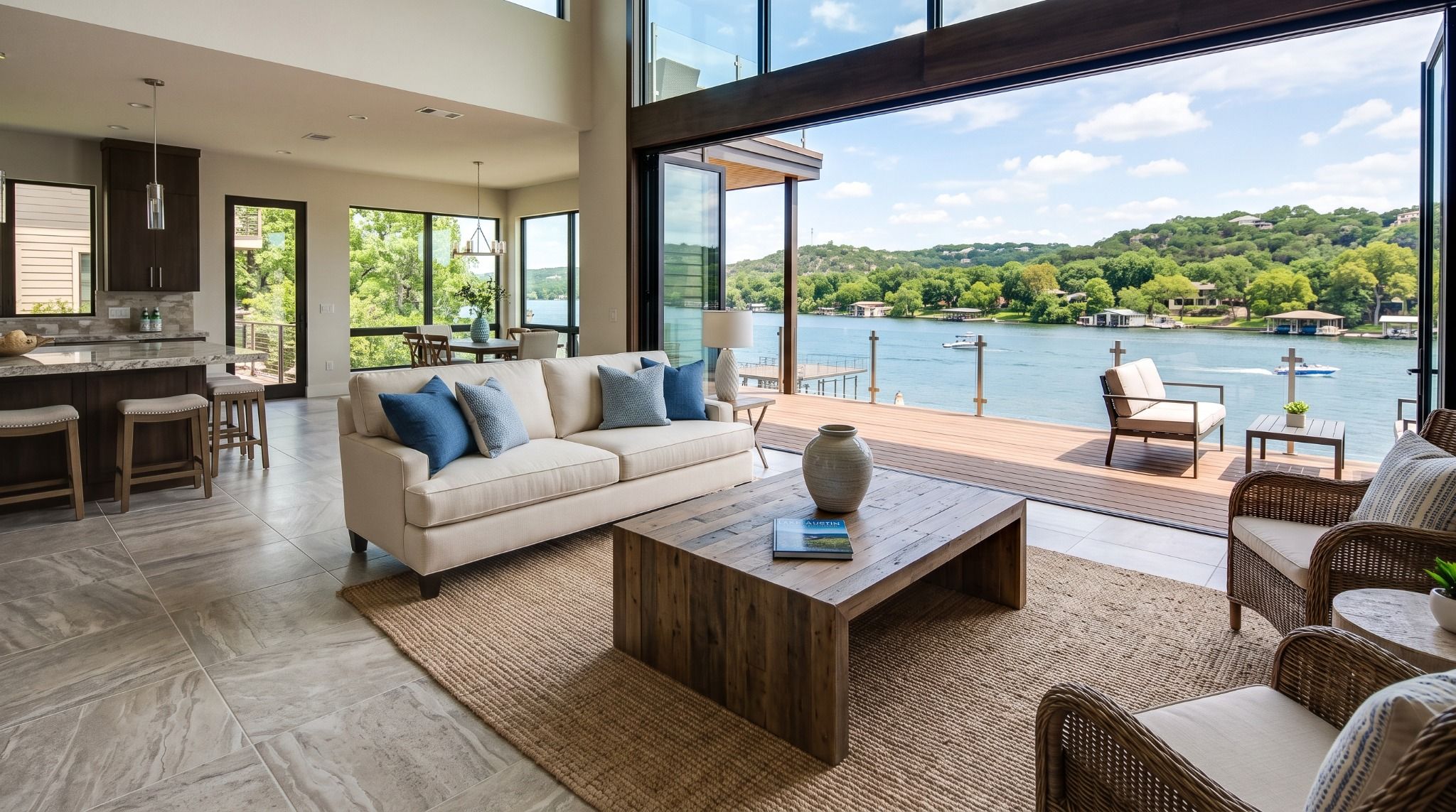 Stone-look tile flooring in a bright open-concept living room with a kitchen and lake view