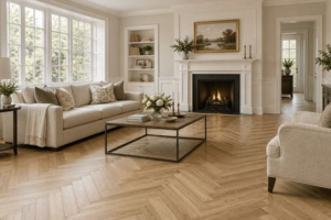 Elegant living room with herringbone wood flooring and a fireplace | The Carpet Stop