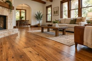 Character grade hardwood flooring in a historic Austin home living room