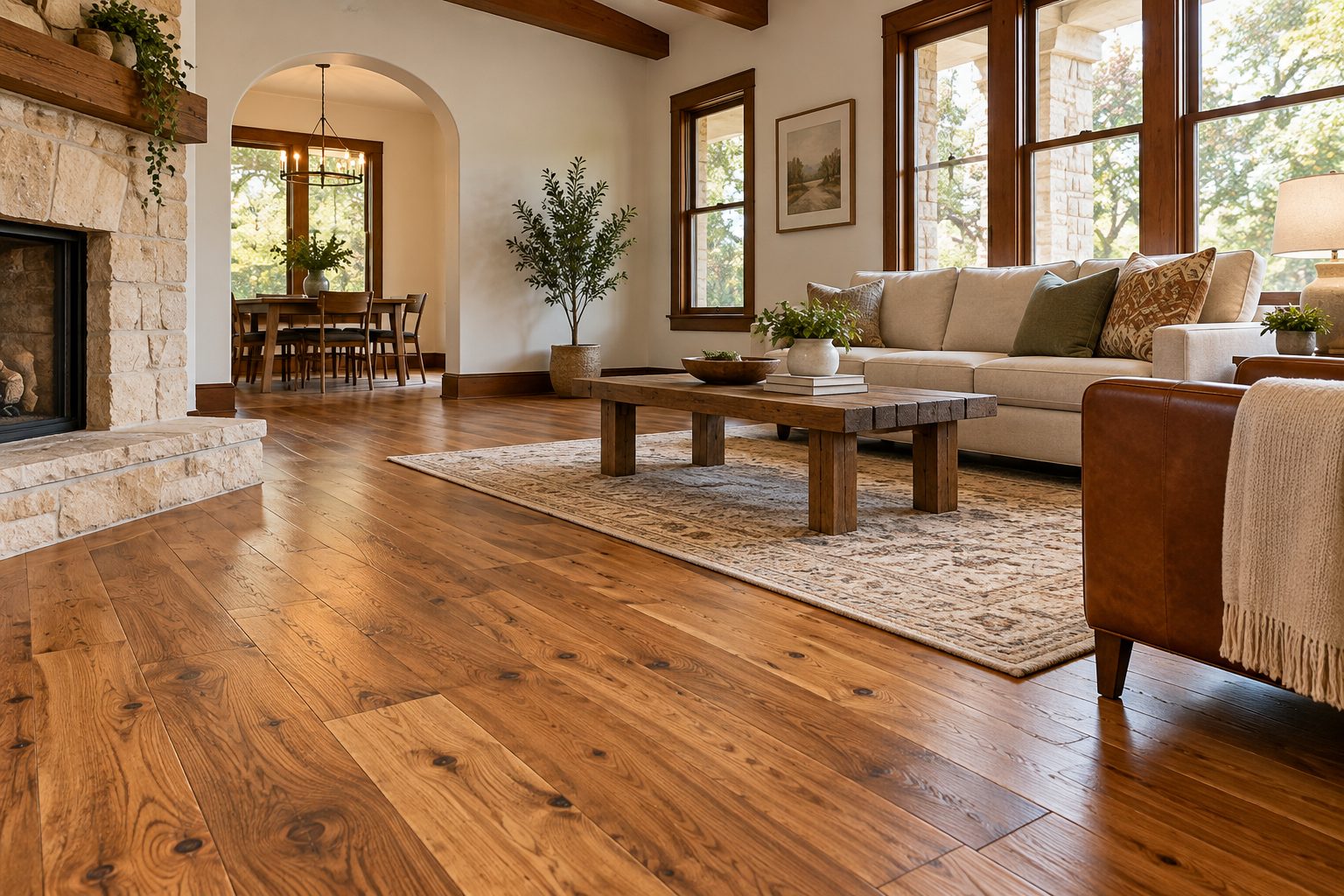 Character grade hardwood flooring in a historic Austin home living room