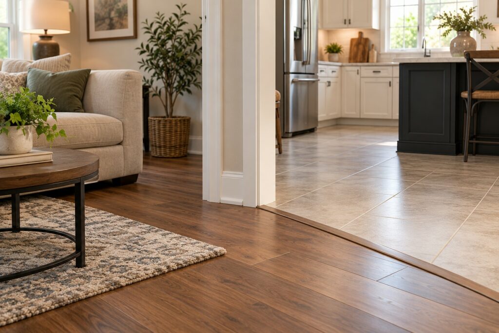 ardwood flooring transitioning to tile in an open concept kitchen and living room