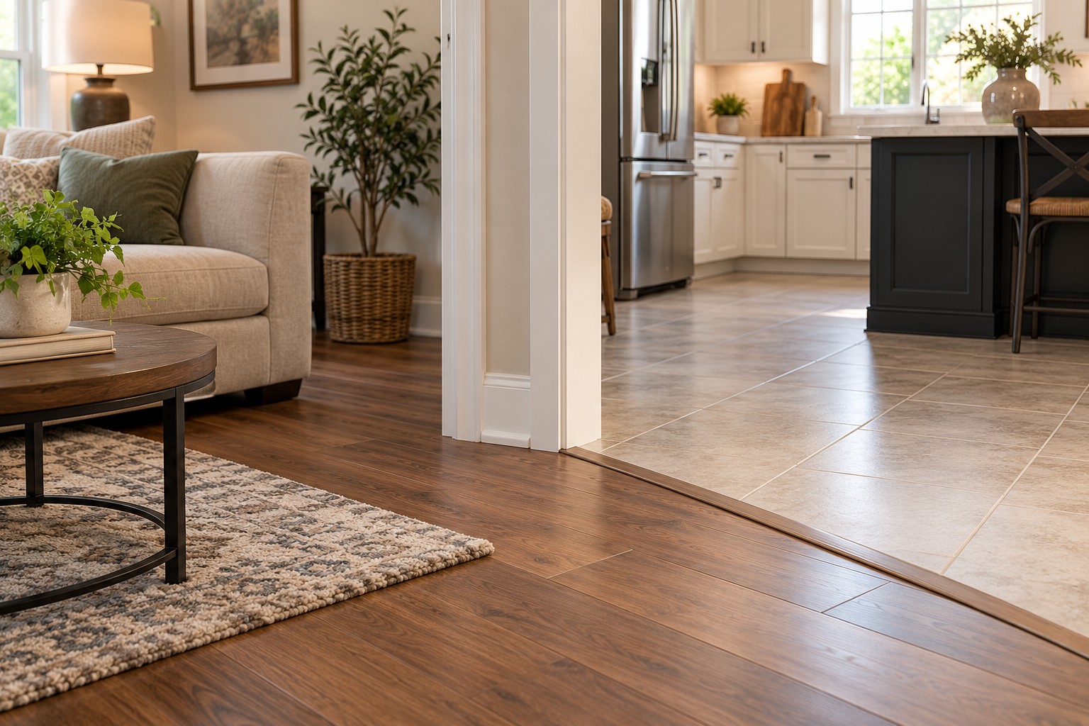 ardwood flooring transitioning to tile in an open concept kitchen and living room